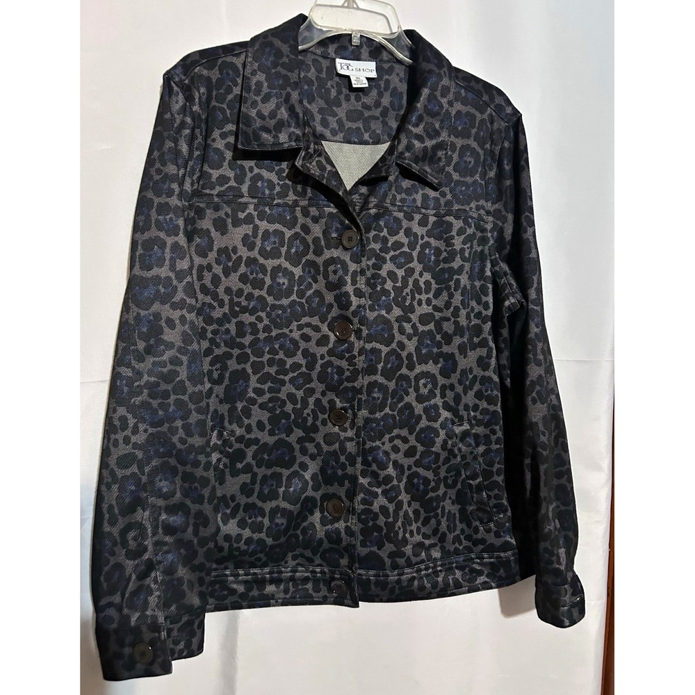 The Tog Shop Women's Leopard Print Button Front Collared Jacket XL Gray/Black